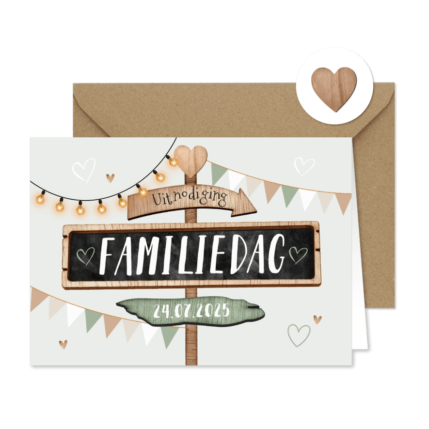 Uitnodiging familiedag wegwijzers hout hartjes slingers - Kaartimpressie