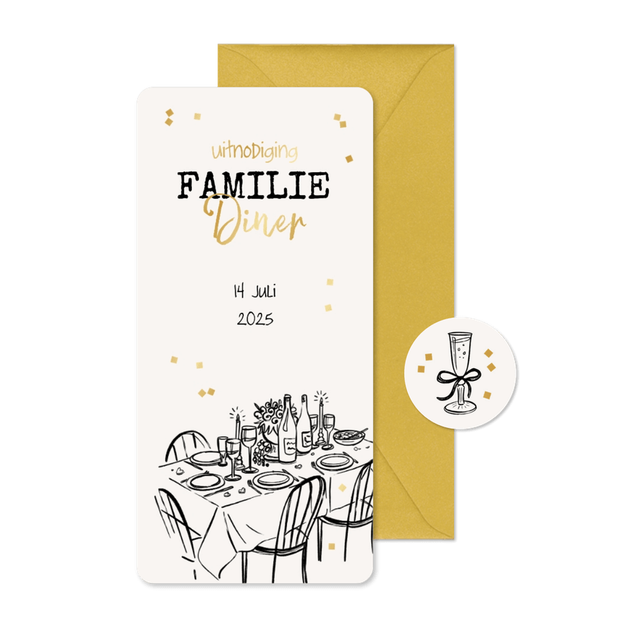 Uitnodiging familiediner etentje familiedag doodle goud - Kaartimpressie