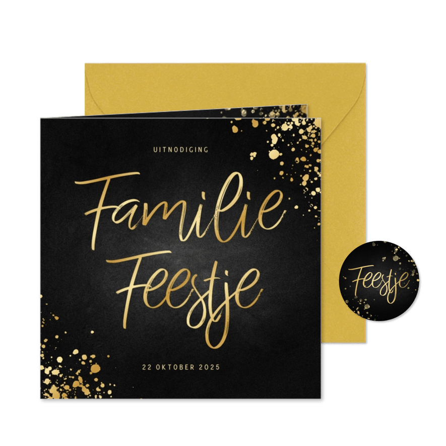 Uitnodiging familiefeestje goud met spetters krijtbord - Kaartimpressie
