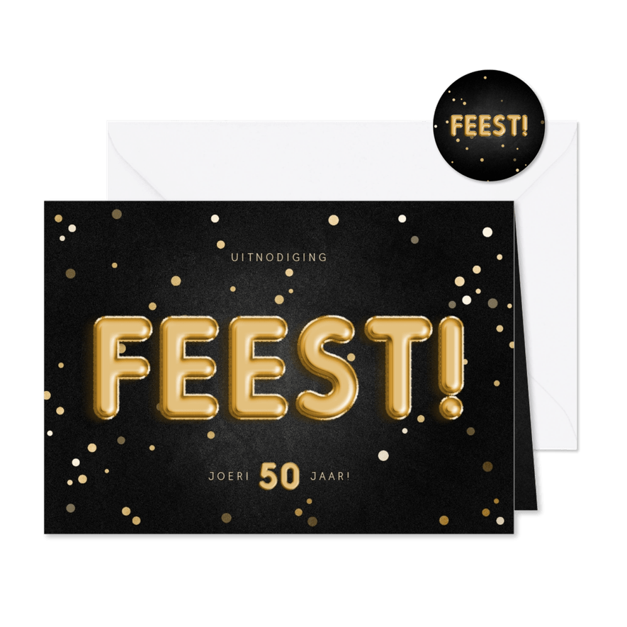 Uitnodiging feest 50 folieballon met confetti aanpasbaar - Kaartimpressie
