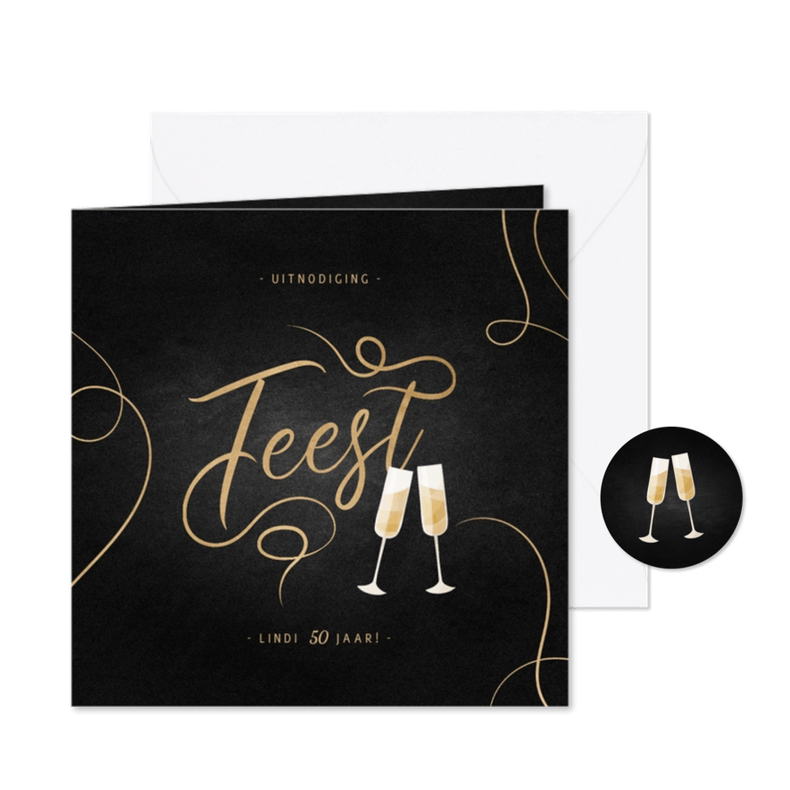 Uitnodiging feest champagne met gouden linten - Kaartimpressie