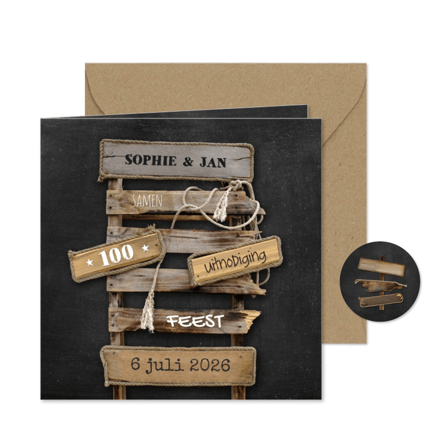 Uitnodiging feest Drijfhout pallet op krijtbord - Kaartimpressie