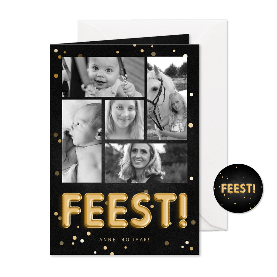 Uitnodiging feest folieballon fotocollage met confetti - Kaartimpressie