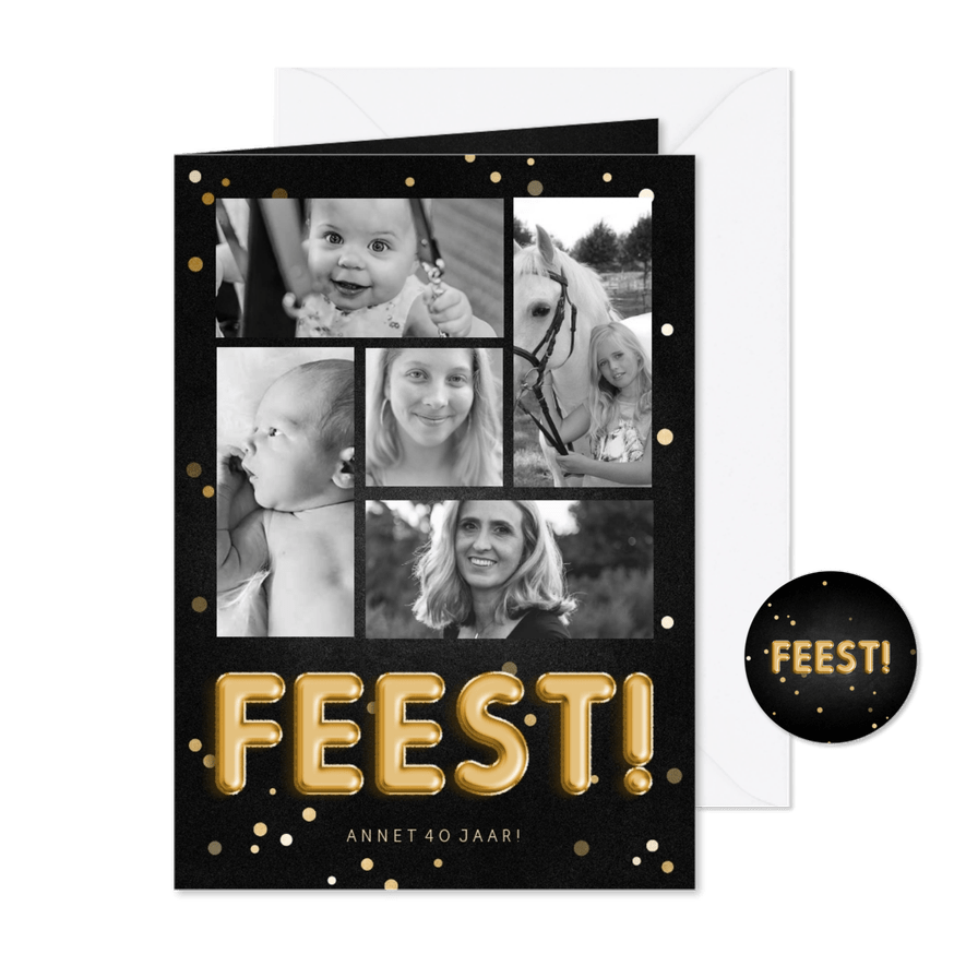 Uitnodiging feest folieballon fotocollage met confetti - Kaartimpressie