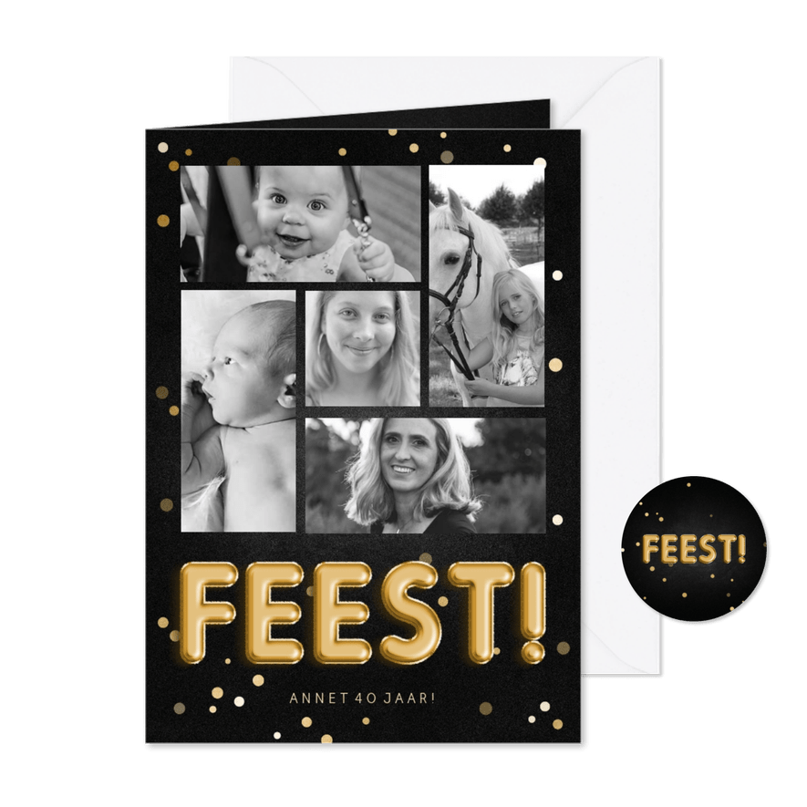 Uitnodiging feest folieballon fotocollage met confetti - Kaartimpressie