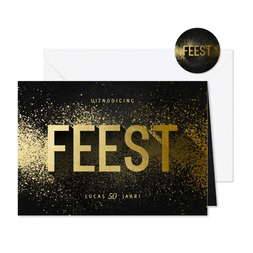 Uitnodiging feest goudlook met spetters - Kaartimpressie