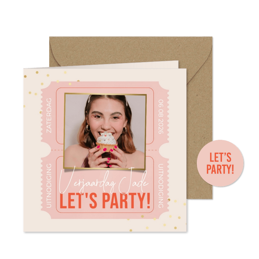 Uitnodiging feest let's party met tickets roze confetti foto - Kaartimpressie