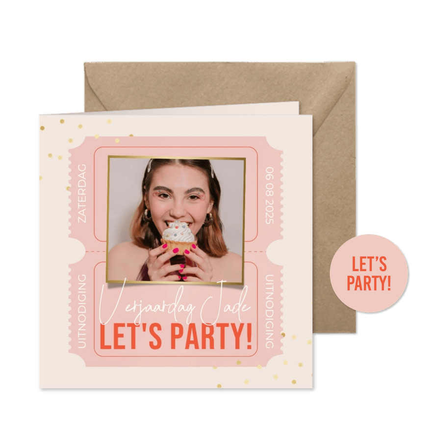 Uitnodiging feest let's party met tickets roze confetti foto - Kaartimpressie