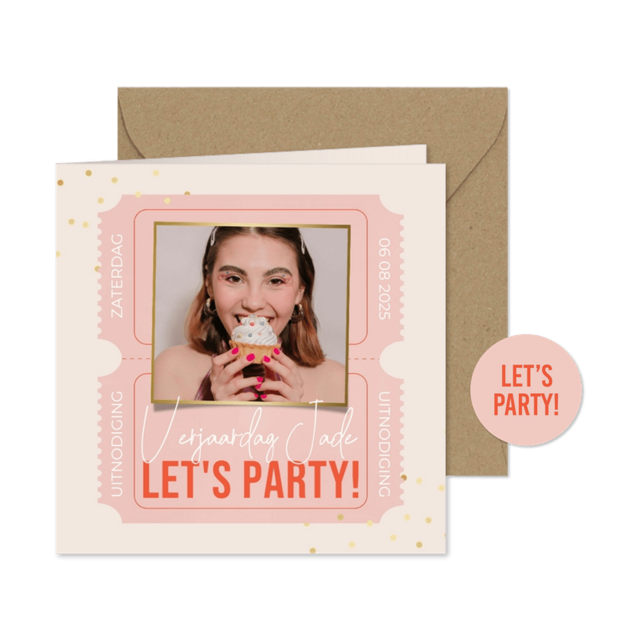 Uitnodiging feest let's party met tickets roze confetti foto - Kaartimpressie