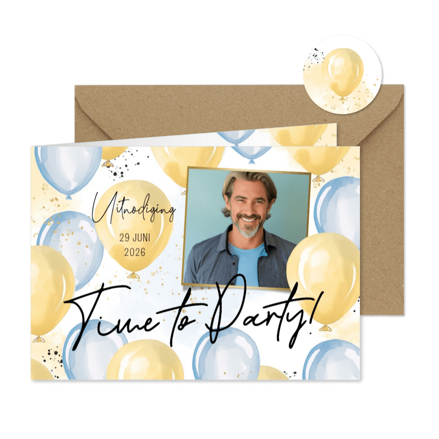 Uitnodiging feest time to party blauw goud ballonnen foto - Kaartimpressie