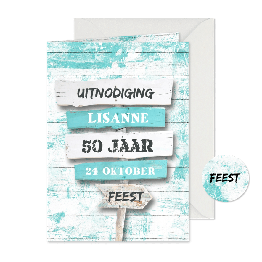 Uitnodiging feest wegwijzer strandstijl - Kaartimpressie