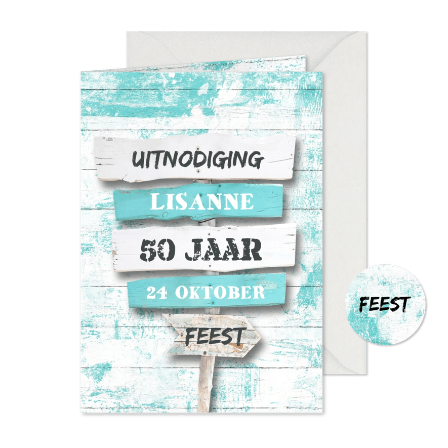 Uitnodiging feest wegwijzer strandstijl - Kaartimpressie