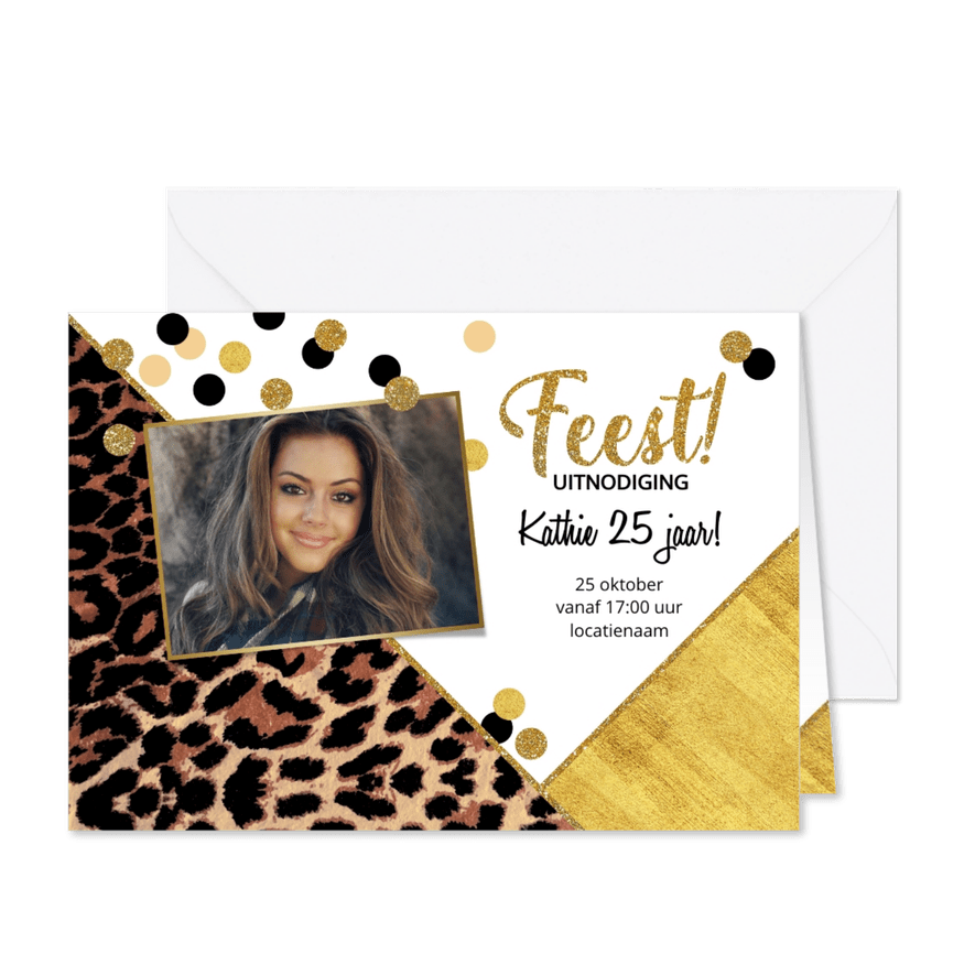 Uitnodiging feestelijke kaart met panterprint en confetti - Kaartimpressie