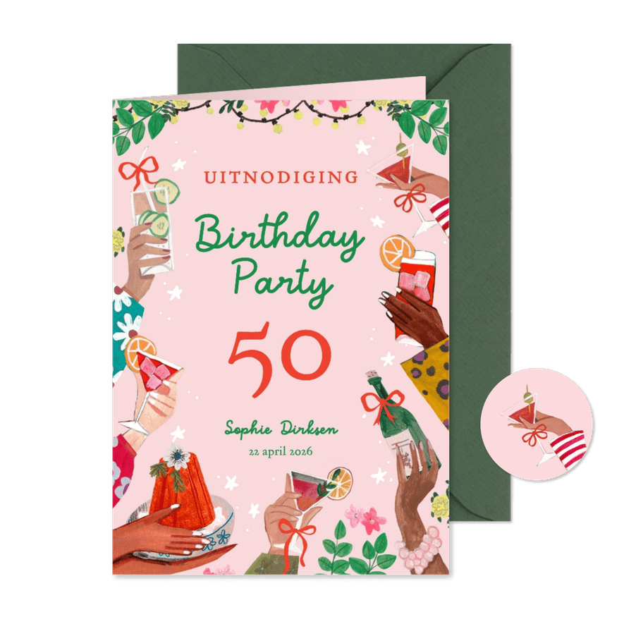 Uitnodiging feestje 50 bloemen en cocktails lente - Kaartimpressie