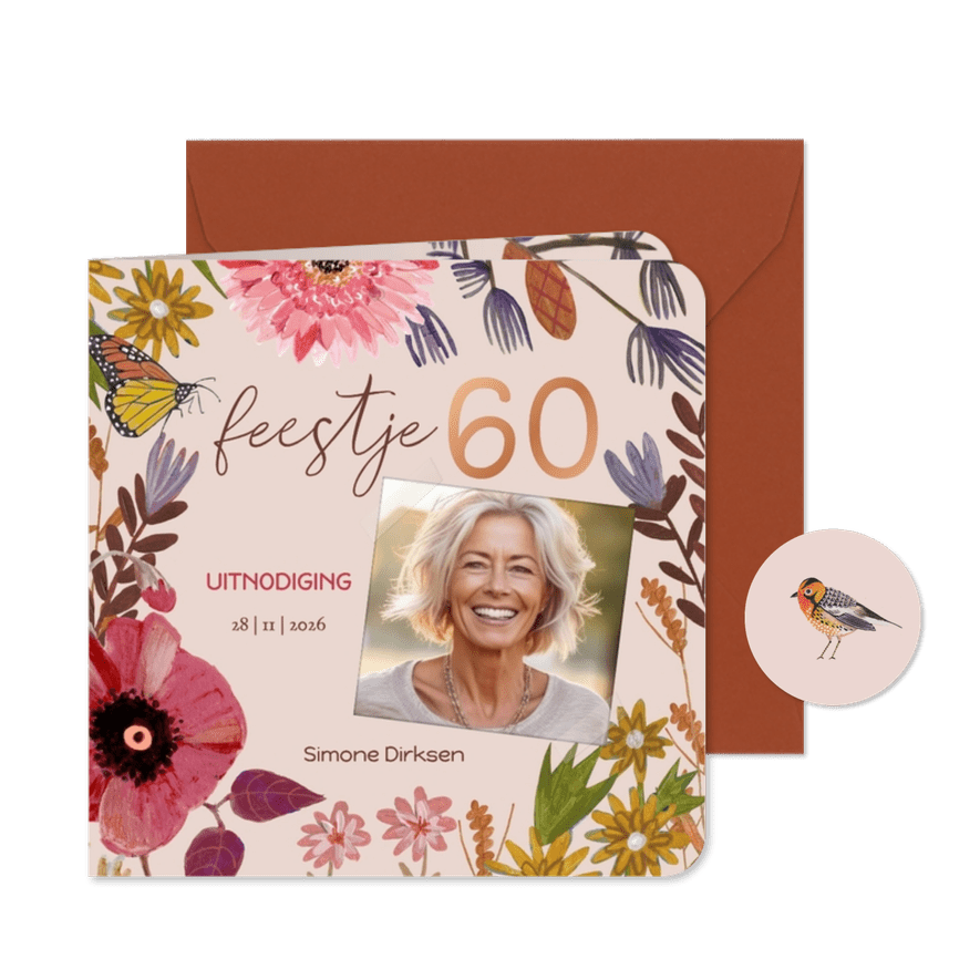 Uitnodiging Feestje 60 Bloemen Botanisch Herfst - Kaartimpressie