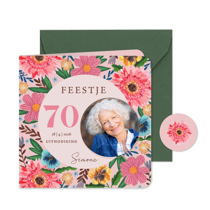 Uitnodiging feestje 70 bloemen botanisch lente - Kaartimpressie