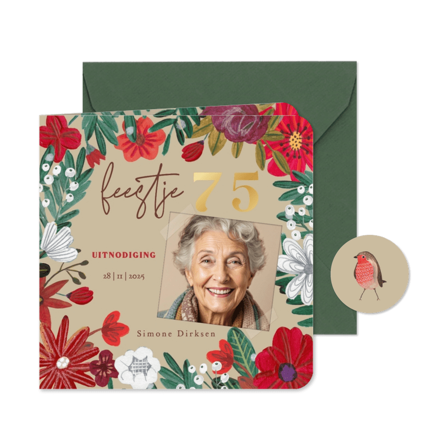 Uitnodiging Feestje 75 Bloemen Botanisch Winter - Kaartimpressie