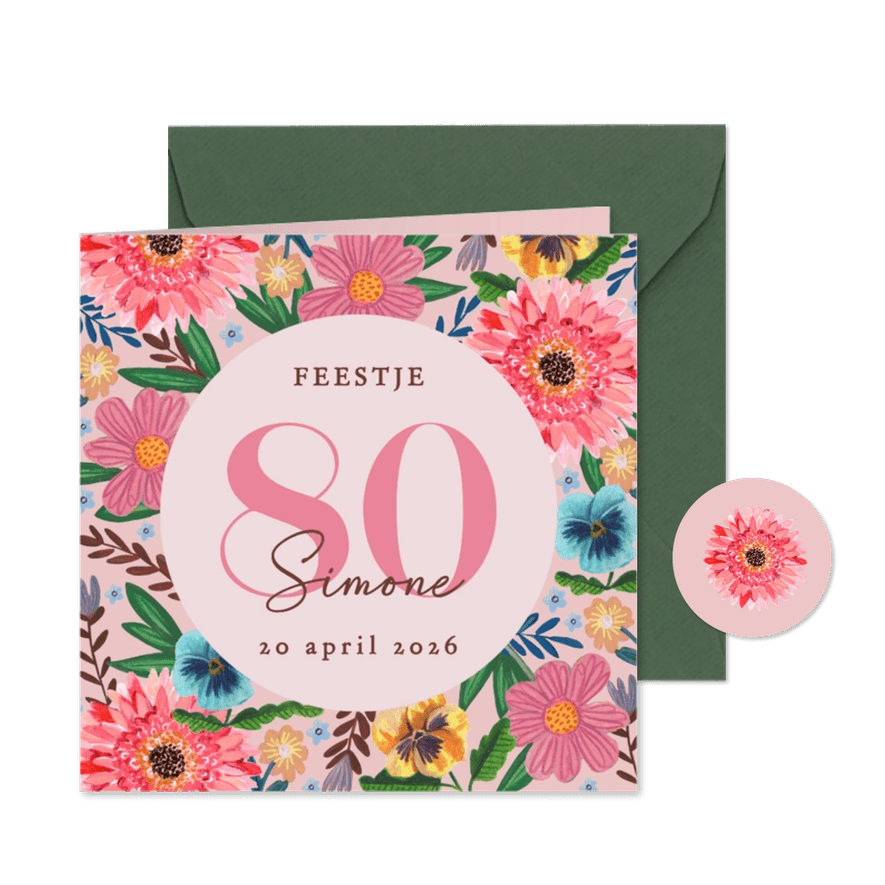 Uitnodiging feestje 80 bloemen botanisch lente - Kaartimpressie