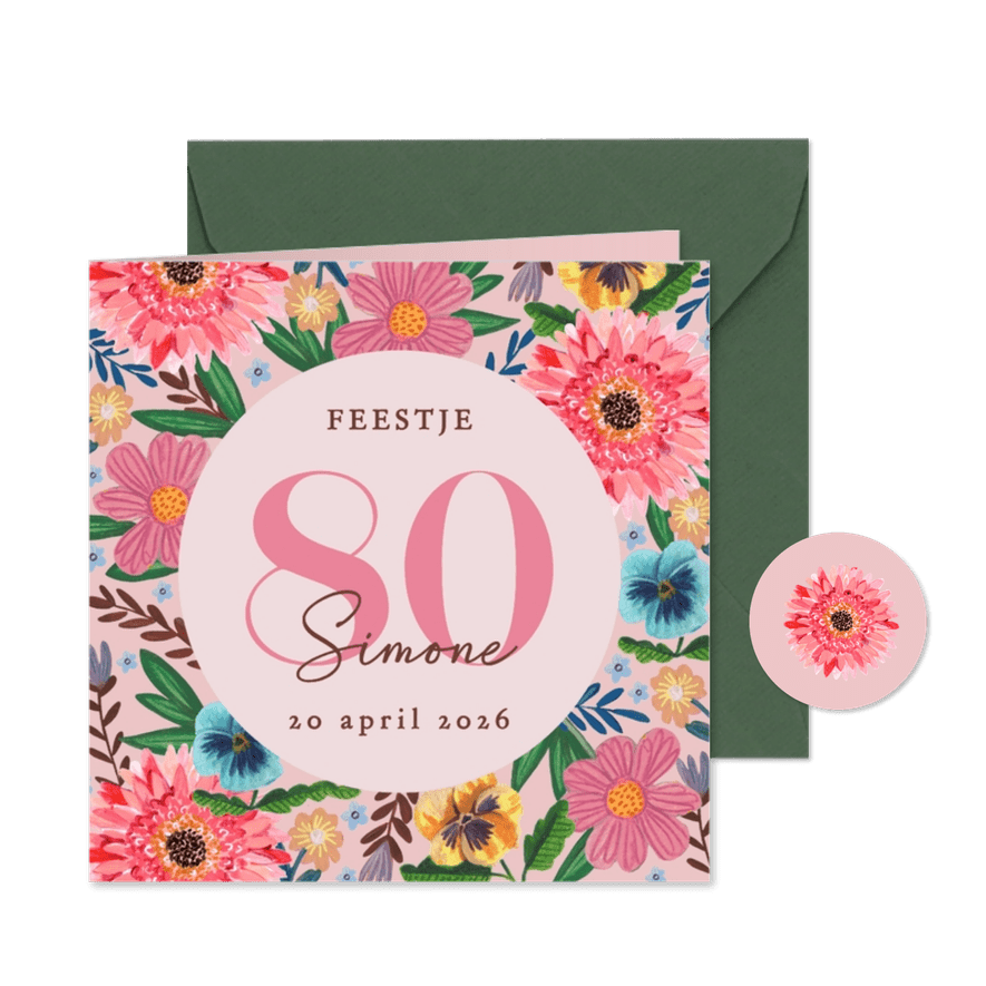 Uitnodiging feestje 80 bloemen botanisch lente - Kaartimpressie