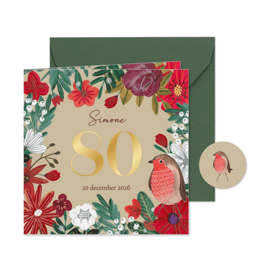 Uitnodiging feestje 80 bloemen botanisch winter - Kaartimpressie