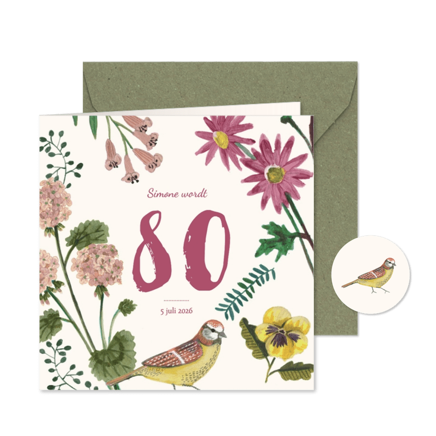 Uitnodiging Feestje 80 Bloemen Botanisch - Kaartimpressie