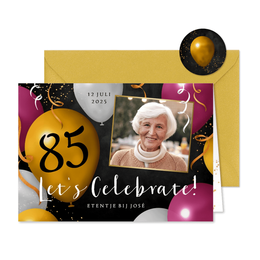 Uitnodiging feestje 85 jaar ballonnen slingers confetti foto - Kaartimpressie