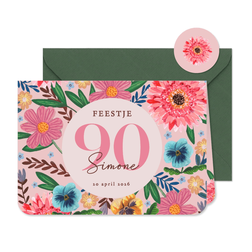 Uitnodiging feestje 90 bloemen botanisch lente - Kaartimpressie