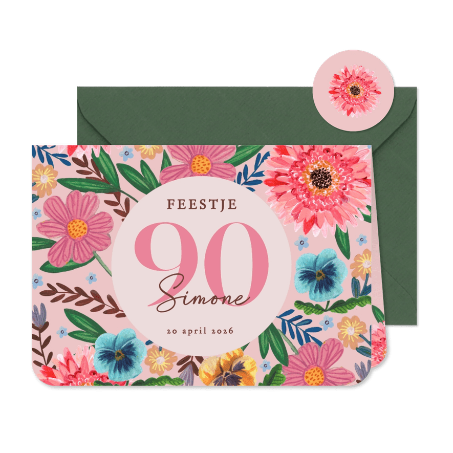 Uitnodiging feestje 90 bloemen botanisch lente - Kaartimpressie