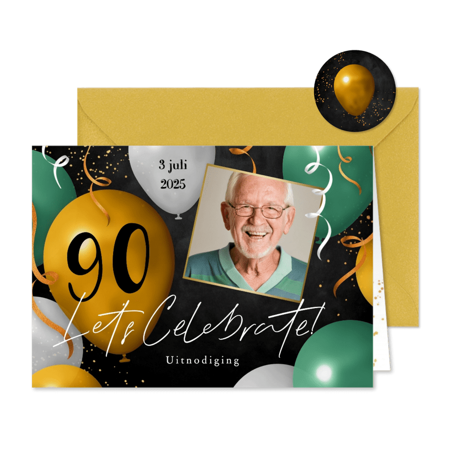 Uitnodiging feestje 90 jaar ballonnen foto slingers groen - Kaartimpressie