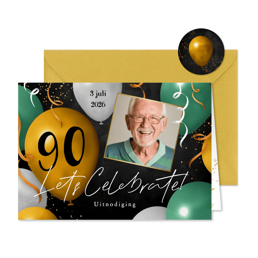 Uitnodiging feestje 90 jaar ballonnen foto slingers groen - Kaartimpressie