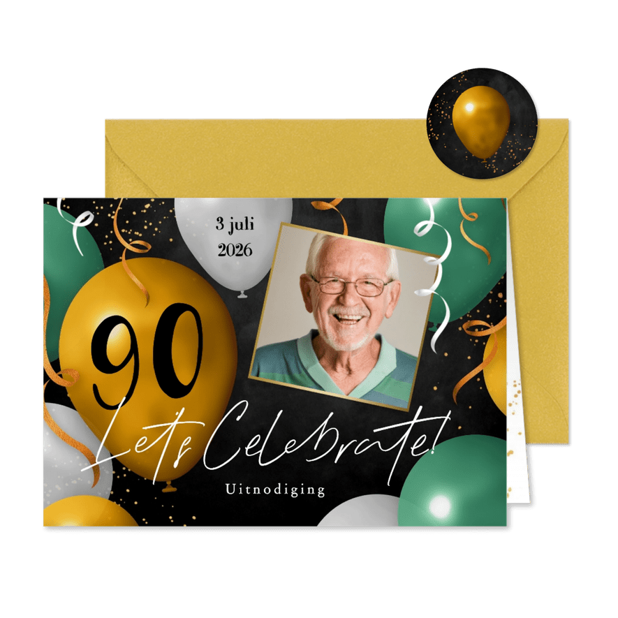 Uitnodiging feestje 90 jaar ballonnen foto slingers groen - Kaartimpressie