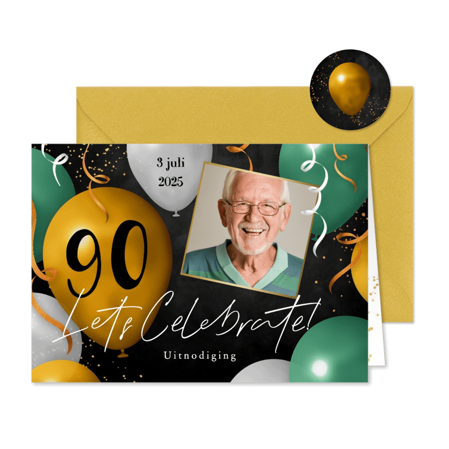 Uitnodiging feestje 90 jaar ballonnen foto slingers groen - Kaartimpressie