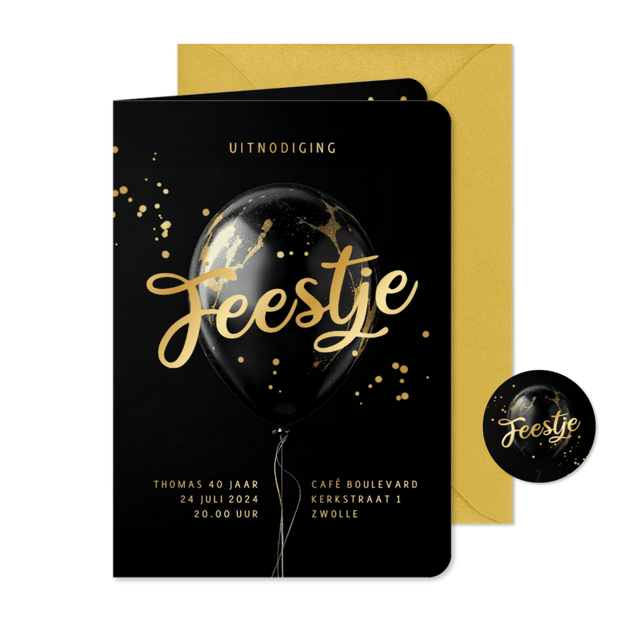 Uitnodiging feestje algemeen stijlvol chic ballon goud zwart - Kaartimpressie