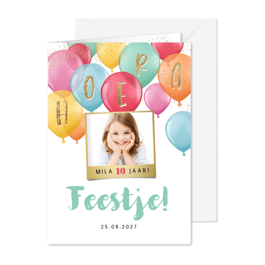 Uitnodiging feestje ballonnen confetti goud foto - Kaartimpressie