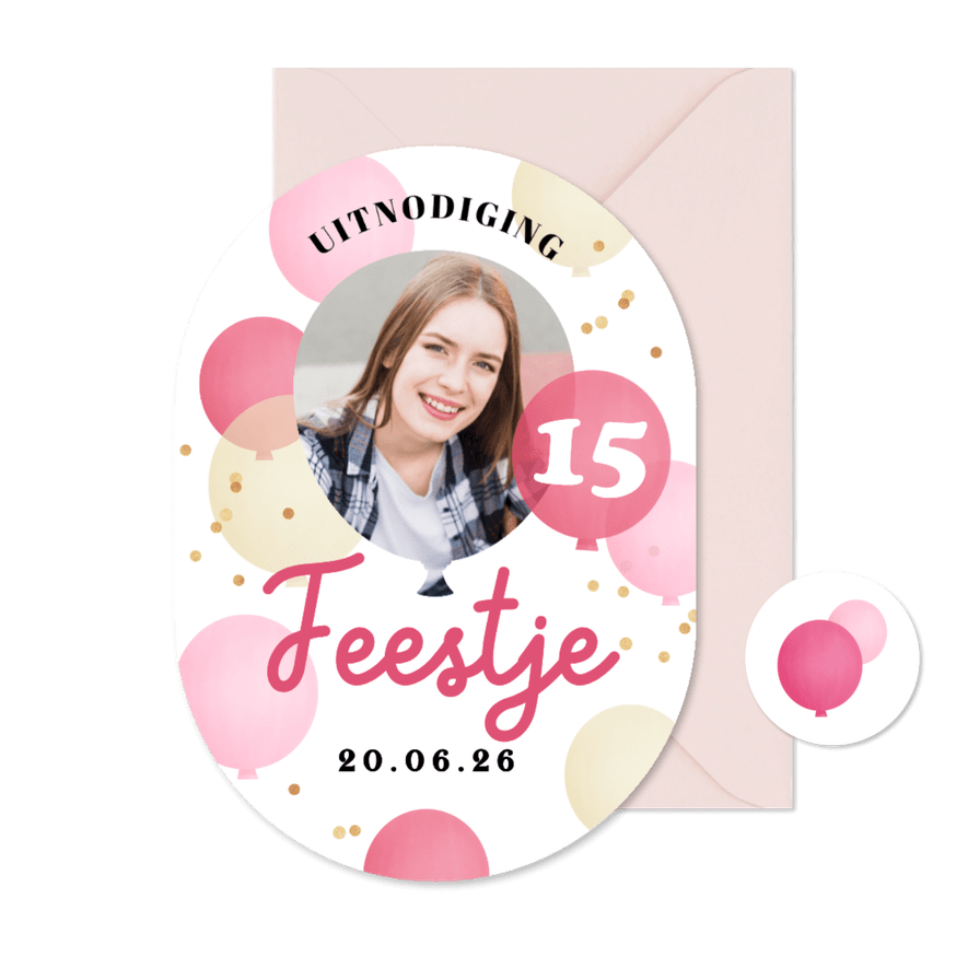 Uitnodiging feestje ballonnen confetti roze goud - Kaartimpressie