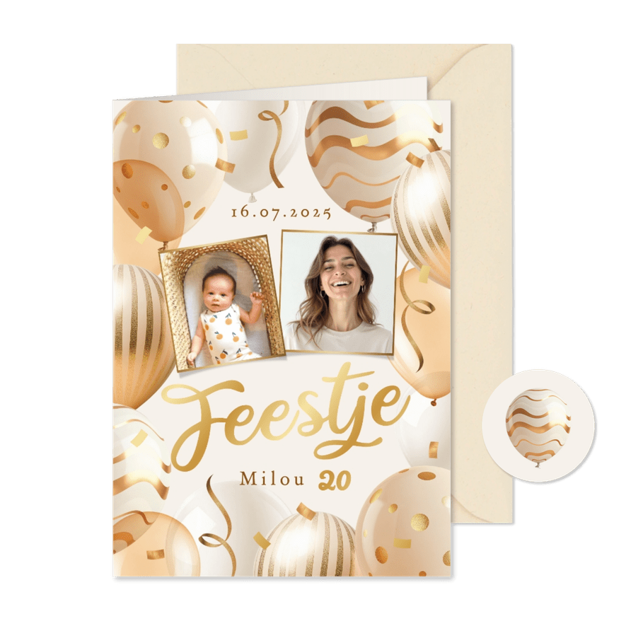 Uitnodiging feestje ballonnen goud confetti foto slingers - Kaartimpressie