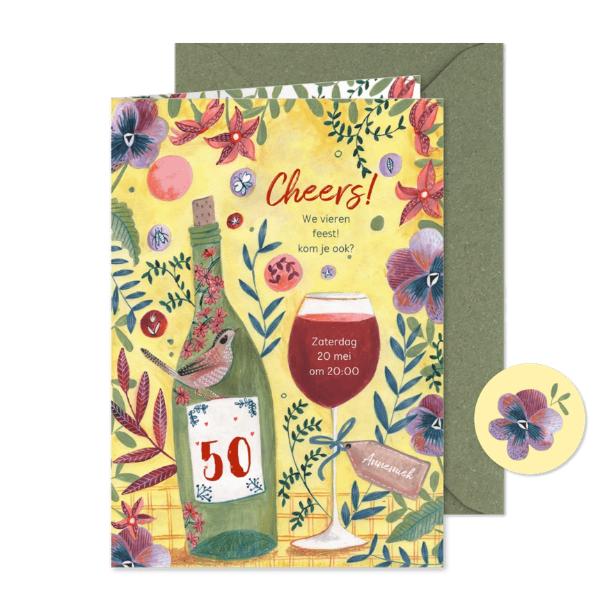 Uitnodiging feestje botanisch bloemen wijn - Kaartimpressie