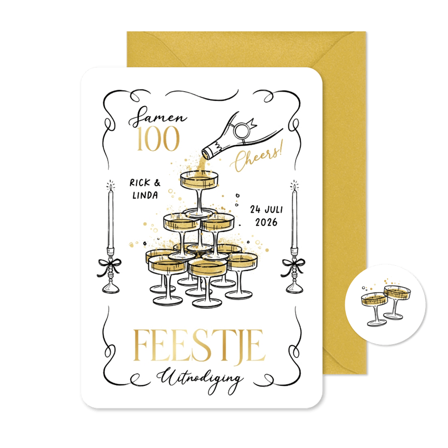 Uitnodiging feestje champagne toren doodle etentje samen 100 - Kaartimpressie