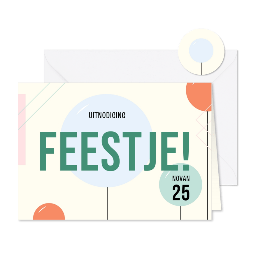 Uitnodiging feestje colorblocking met ballonnen - Kaartimpressie