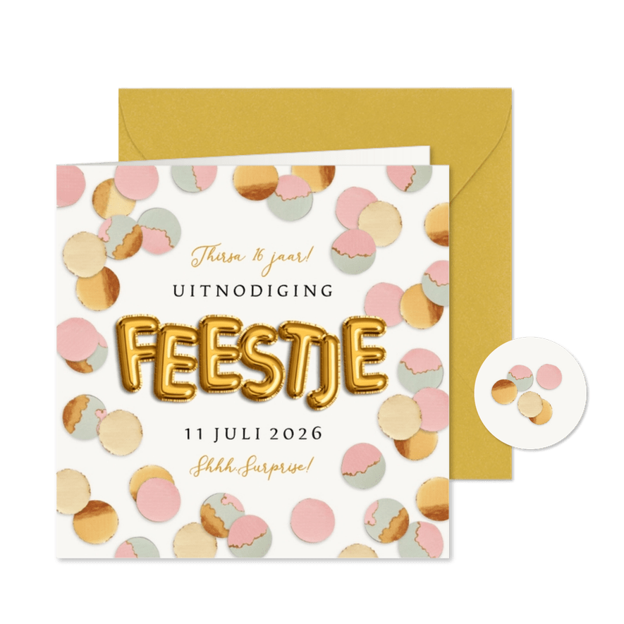 Uitnodiging feestje confetti goud pastel roze groen - Kaartimpressie