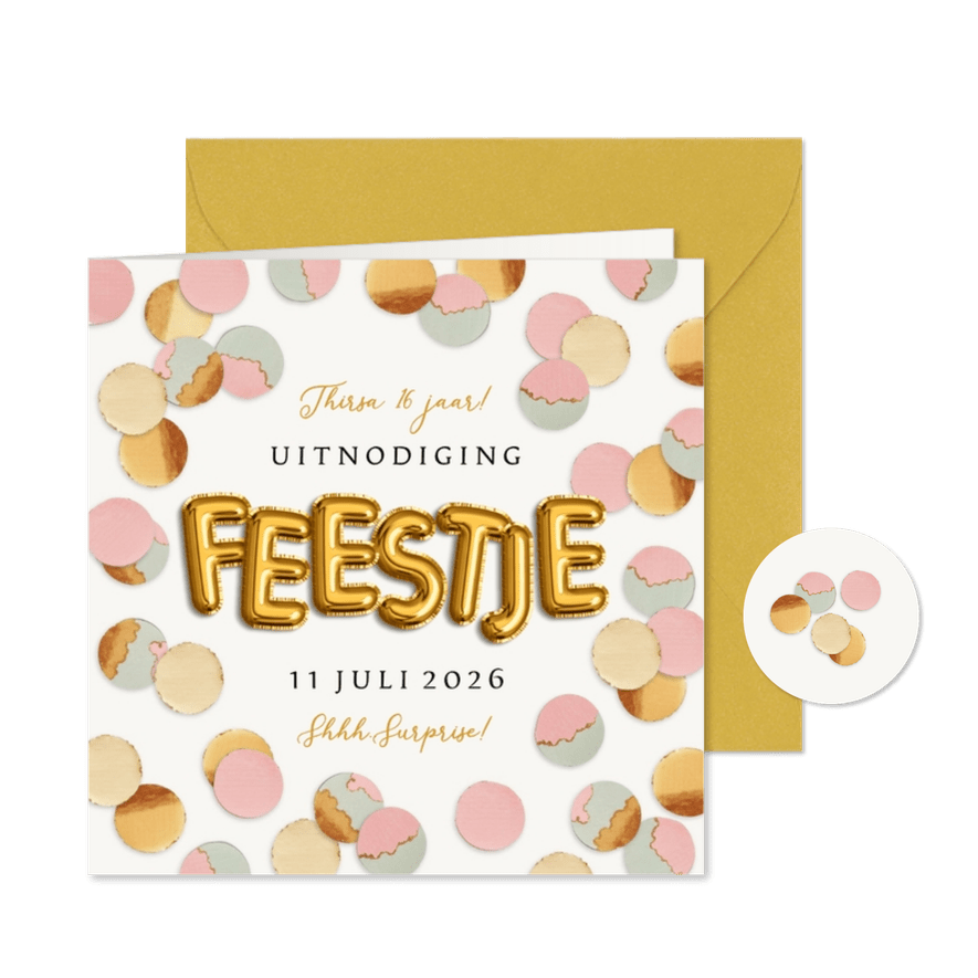 Uitnodiging feestje confetti goud pastel roze groen - Kaartimpressie