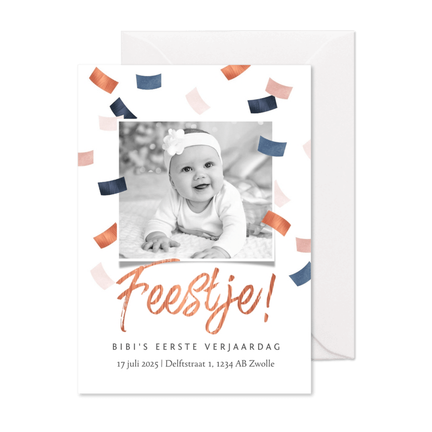 Uitnodiging feestje confetti stijlvol rosé goud foto - Kaartimpressie