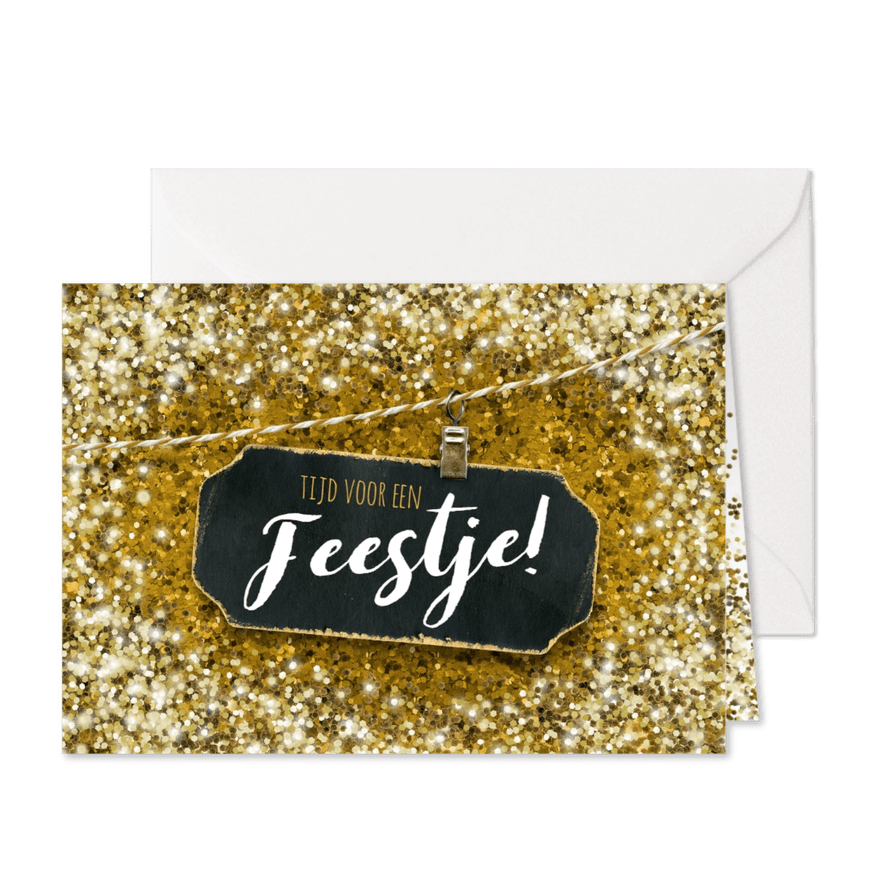 Uitnodiging feestje felicitatie glitter goud - Kaartimpressie