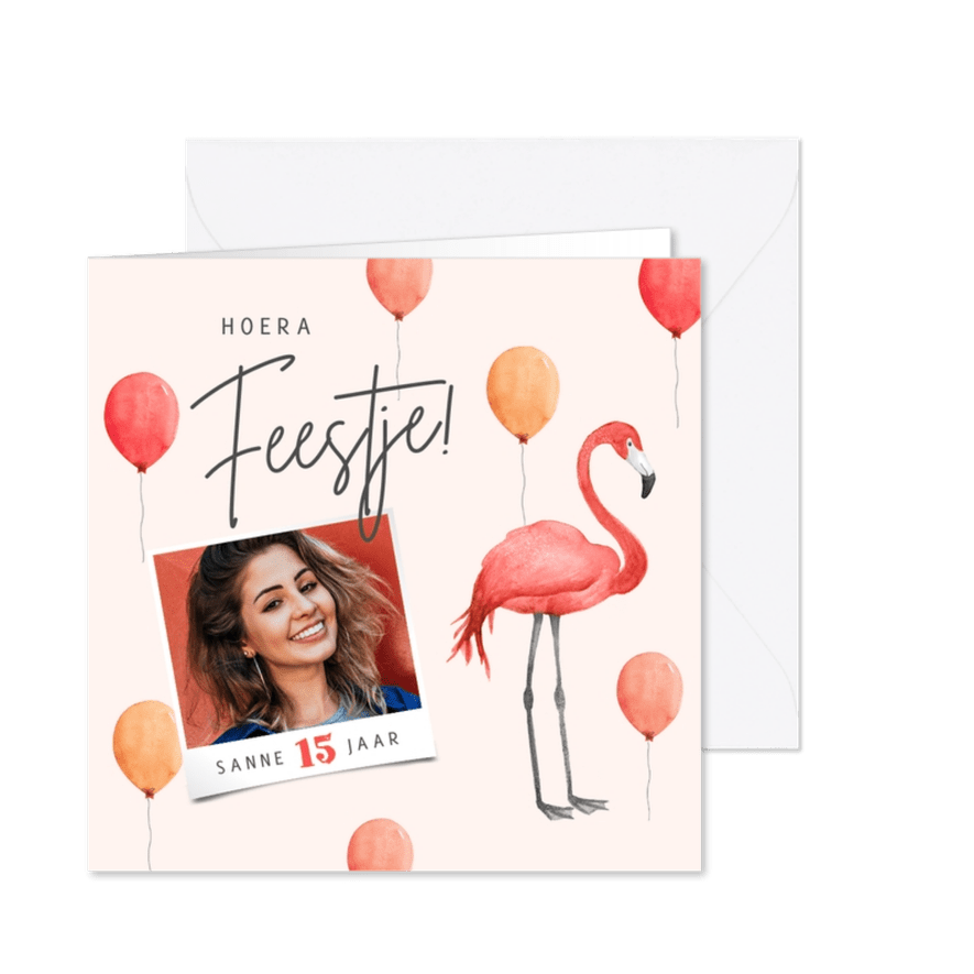 Uitnodiging feestje flamingo ballonnen foto - Kaartimpressie