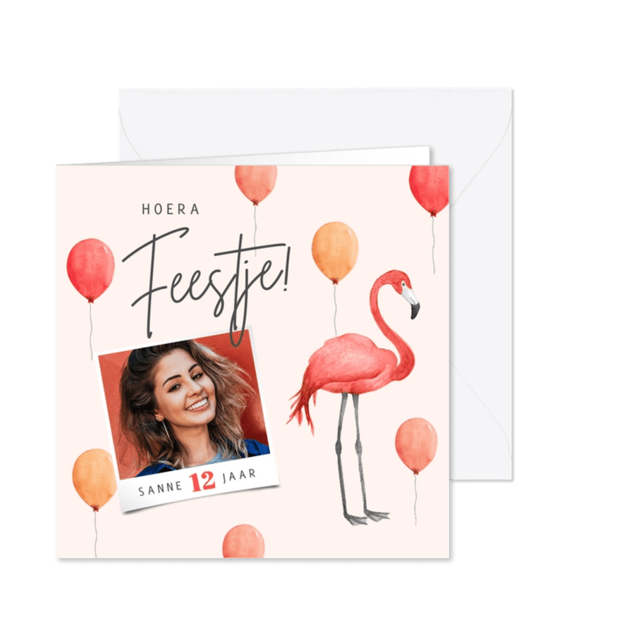 Uitnodiging feestje flamingo meisje ballonnen foto - Kaartimpressie
