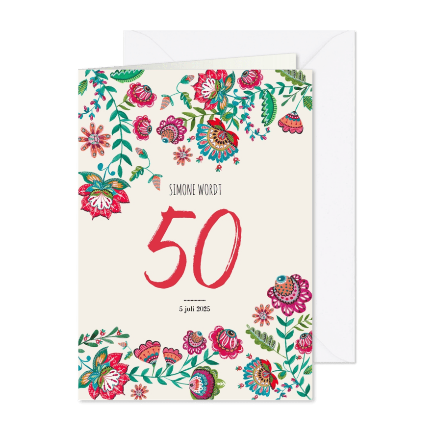 Uitnodiging feestje folk flowers bohemian - Kaartimpressie