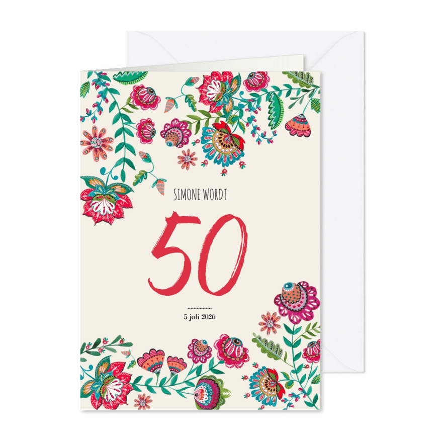 Uitnodiging feestje folk flowers bohemian - Kaartimpressie