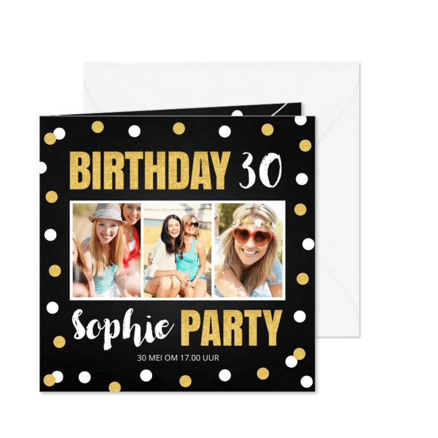 Uitnodiging feestje fotocollage confetti goud krijtbord - Kaartimpressie