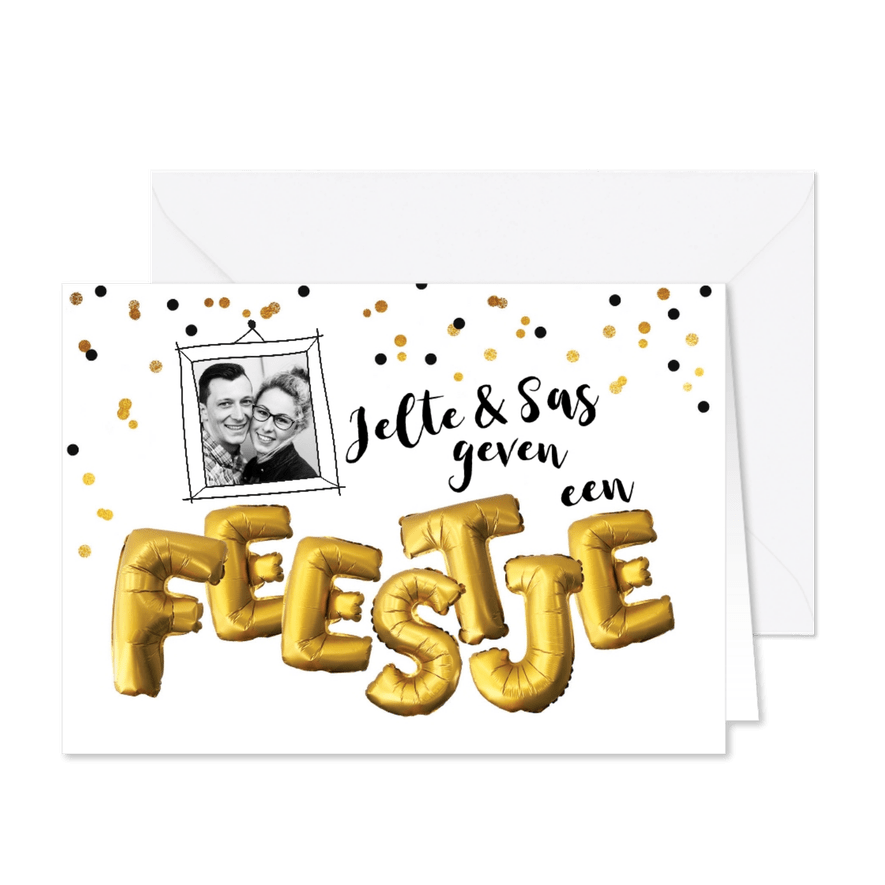 uitnodiging feestje goud zwart fotokaart - Kaartimpressie