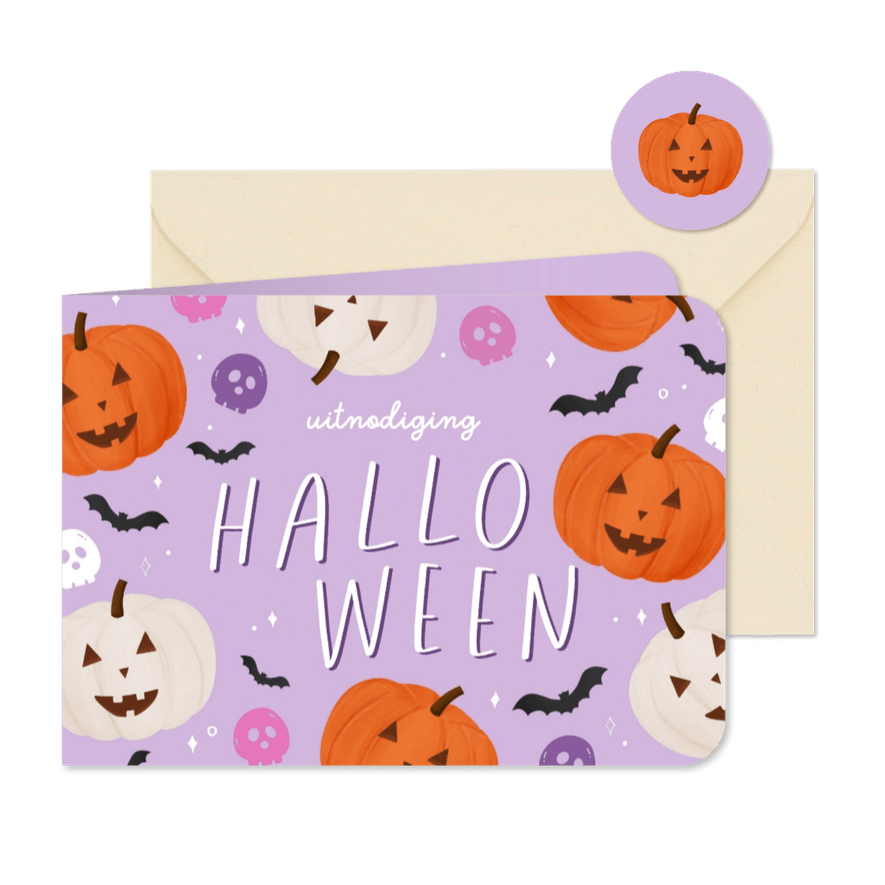 Uitnodiging feestje Halloween paars pompoenen vleermuizen - Kaartimpressie